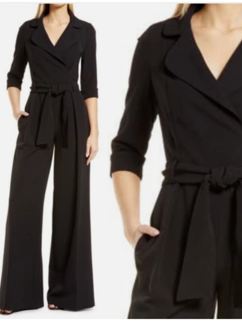 BLACK HALO Lucinda Black Oversized Collar 3/4 Sleeves Wide Leg Jumpsuit Size 6